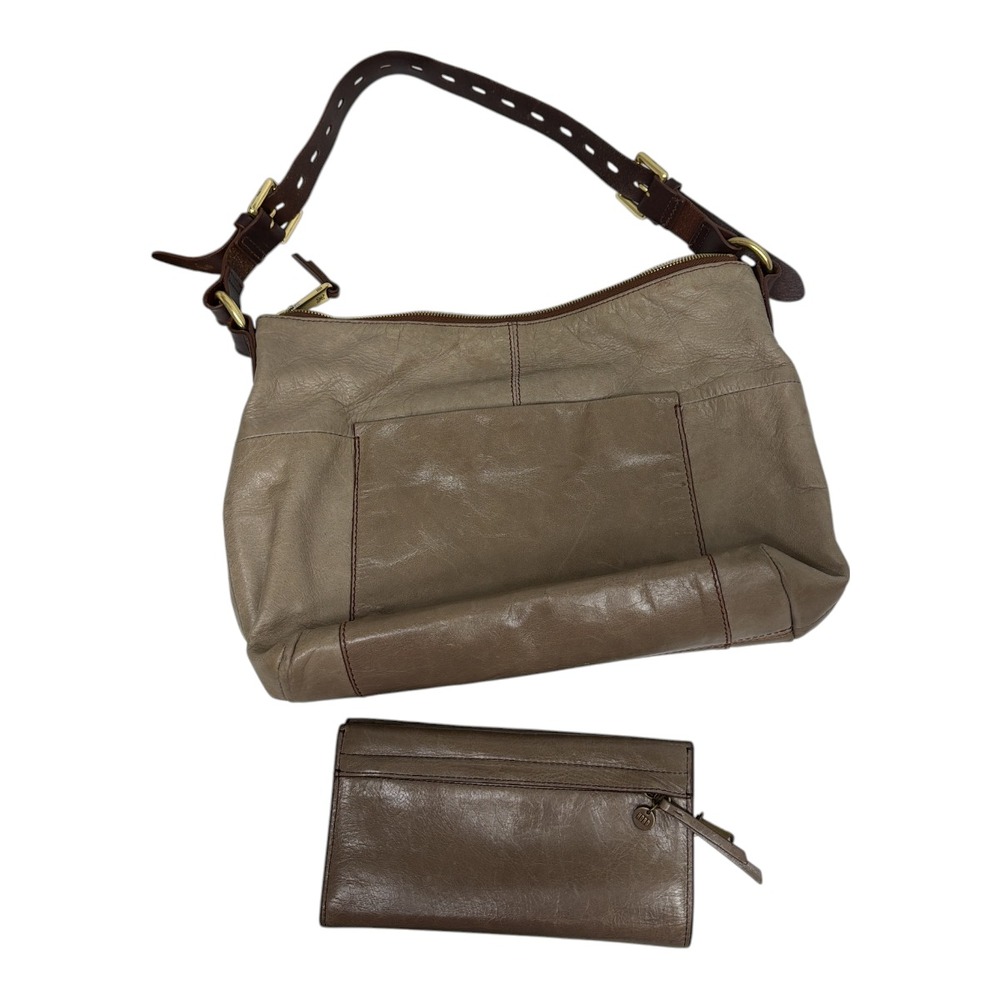 Hobo Original Taupe Khaki Leather Tote Shoulder Bag & Wallet Set EUC